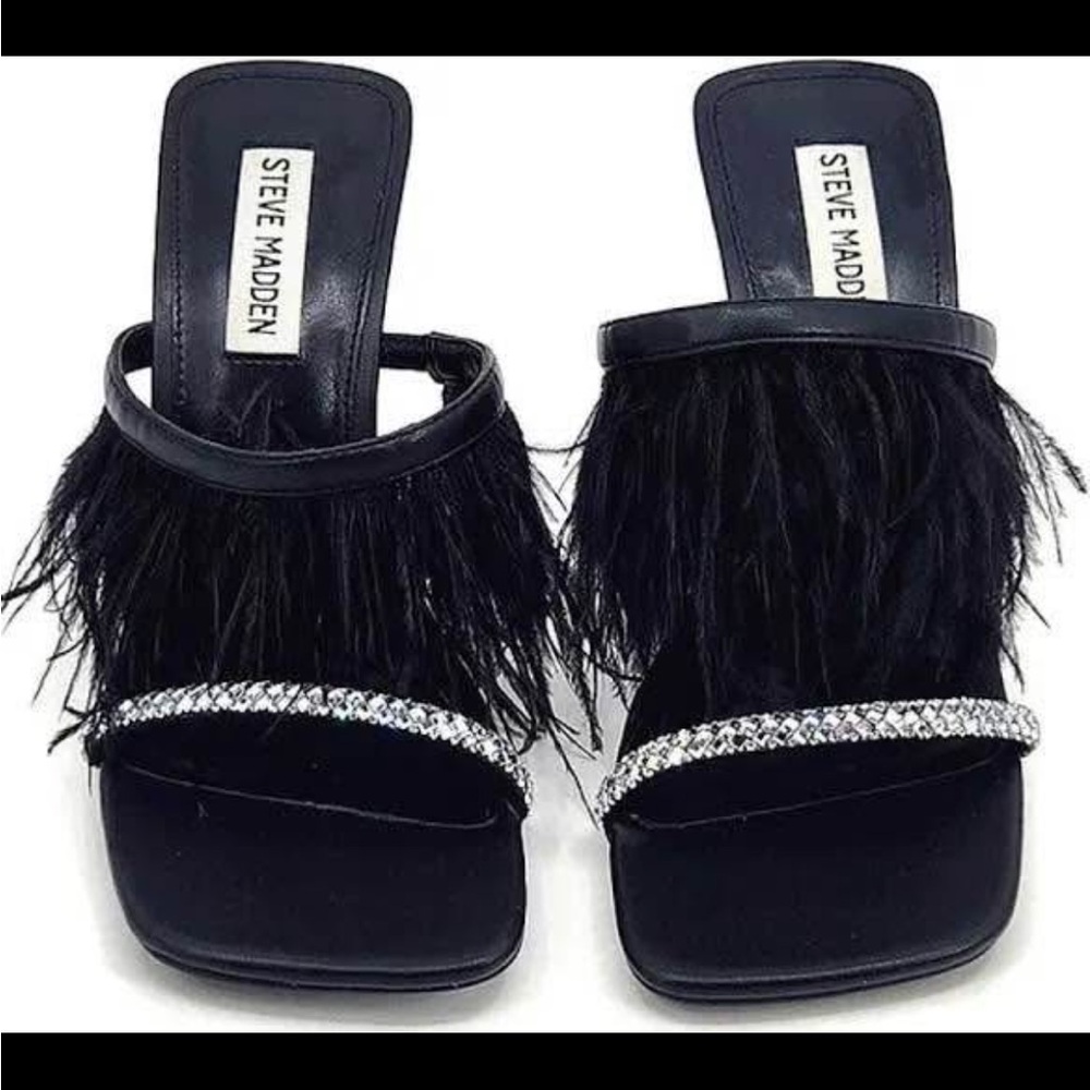 Steve Madden Black Feathered Heels with Rhinestone Strap